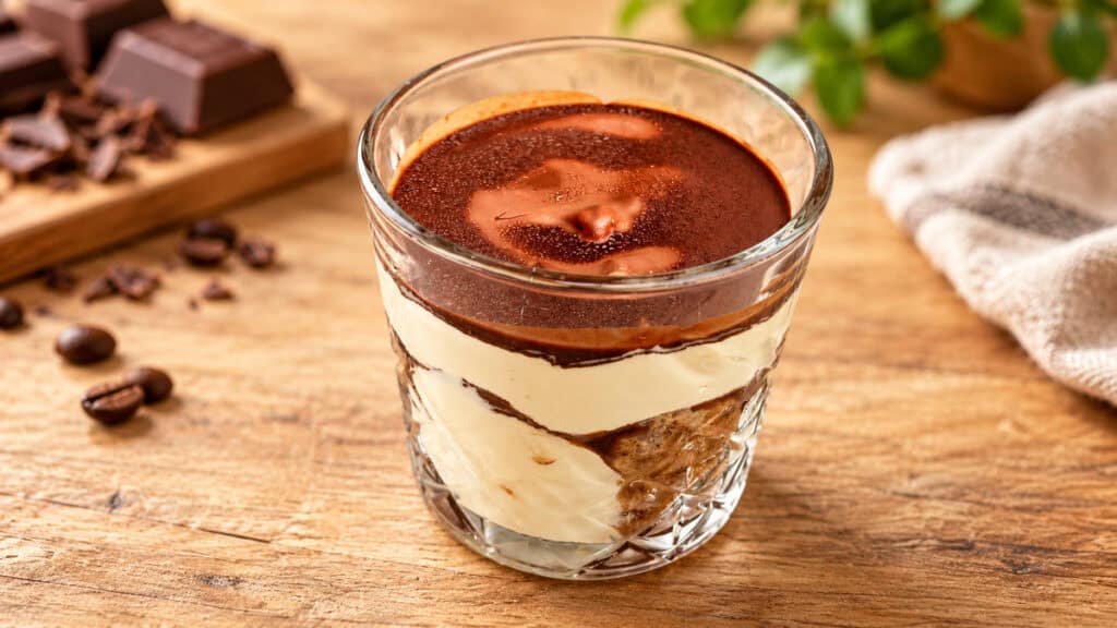 Homemade chocolate tiramisu cup with creamy mascarpone, ladyfinger biscuits, and layers of dark chocolate in a glass.